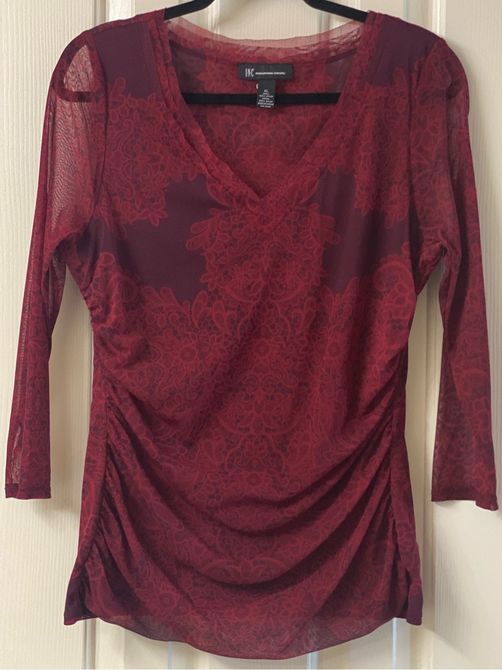 INC Internationalq Concepts Red Burgundy Mesh V-Neck Side Ruched 3/4 Sleeve Top